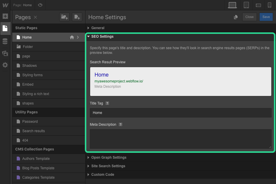 ustawienia SEO Webflow